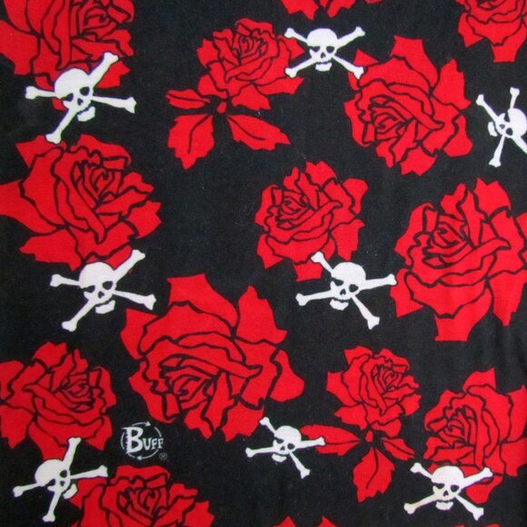 MOTORCYCLE NECK SCARF & DEW RAG, LONG STRETCHY ROSES & SKULLS RED, BLACK & WHITE - Picture 3 of 4